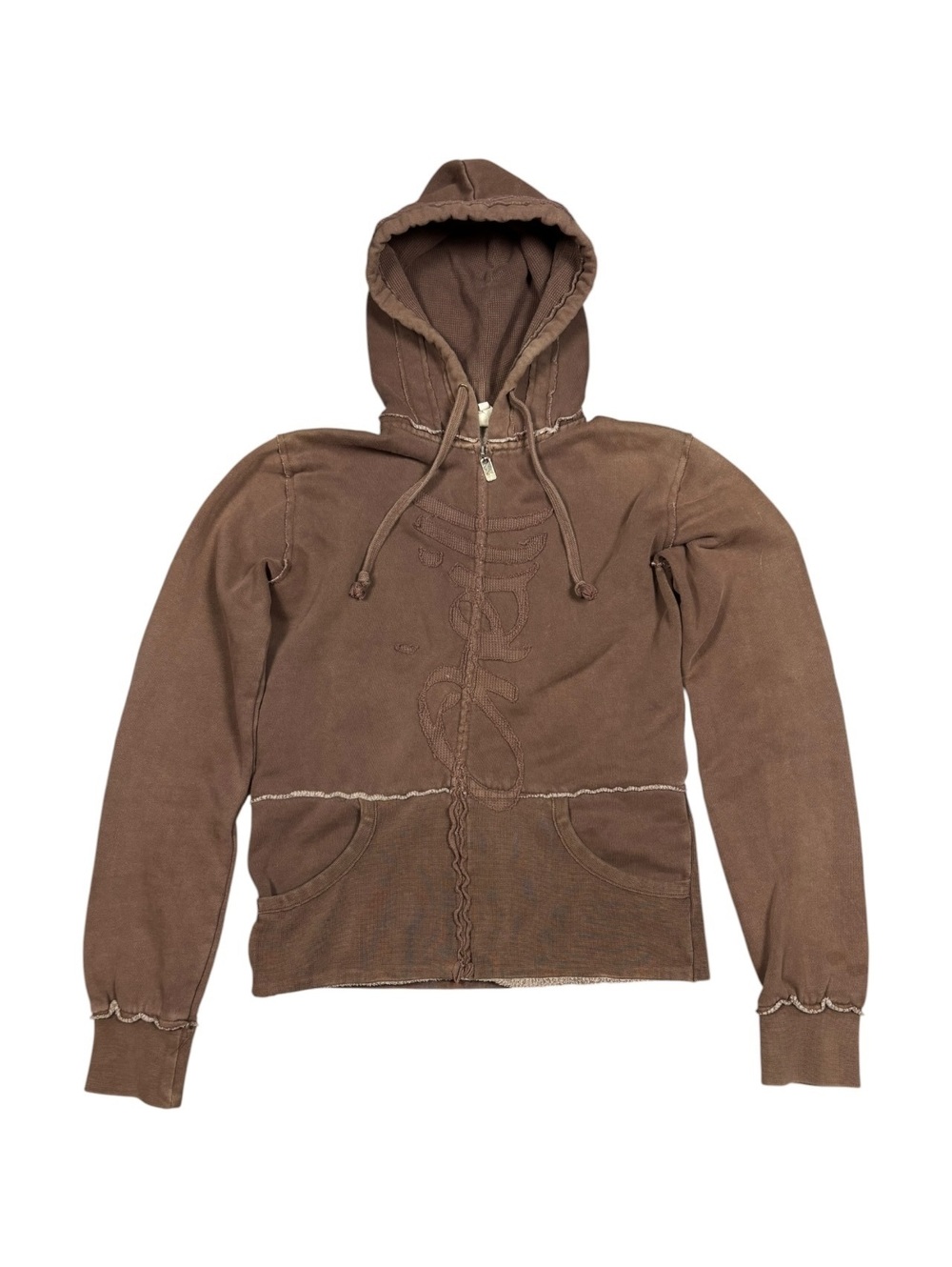 O’Neill Y2K Brown Cropped Full Zip Hoodie Raw Seam